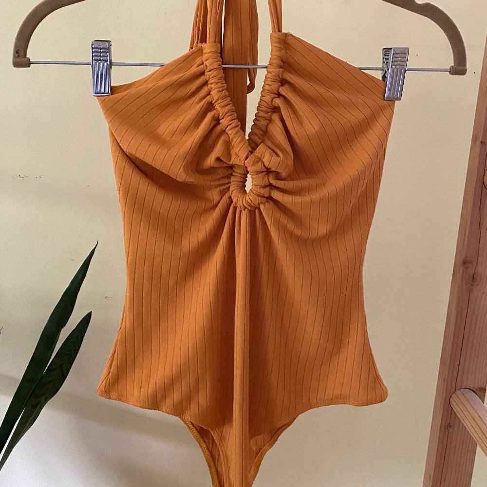 ASTR Suze Sunset Orange Halter Bodysuit